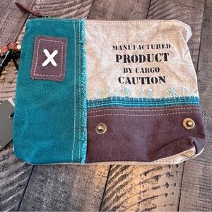 Myra Burlander Patch‎ Teal Pouch Canvas Leather Wrislet Pouch Bag New